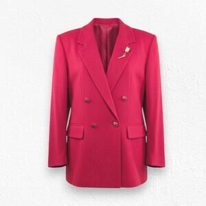 Vintage 80s Red Wool Blend Double Breasted Blazer Coat with Rose Broach Size 14